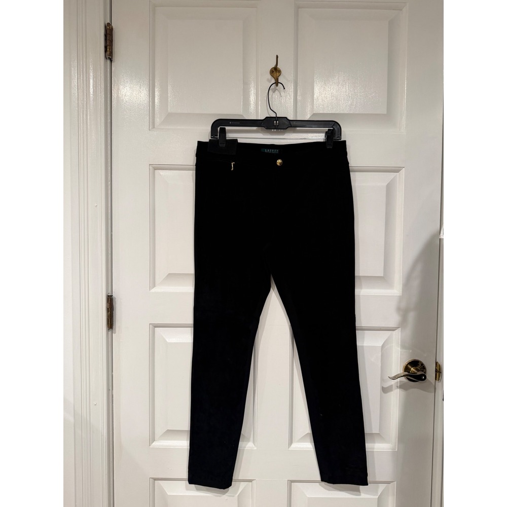 Lauren Ralph Lauren Black Suede Front Leggings Pants Gold Button Size 8